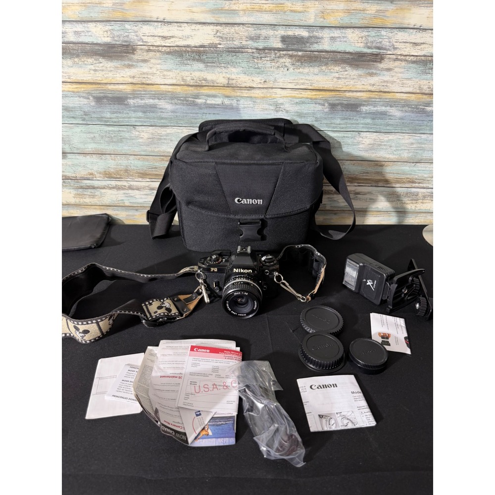 Nikon FG 35mm SLR Camera 28mm f2.8 Lens Disney Mickey Strap Canon Bag Bundle